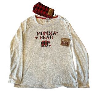 Dearfoams Momma Bear Long Sleeve Top & Cozy Socks Buffalo Plaid Women’s Small